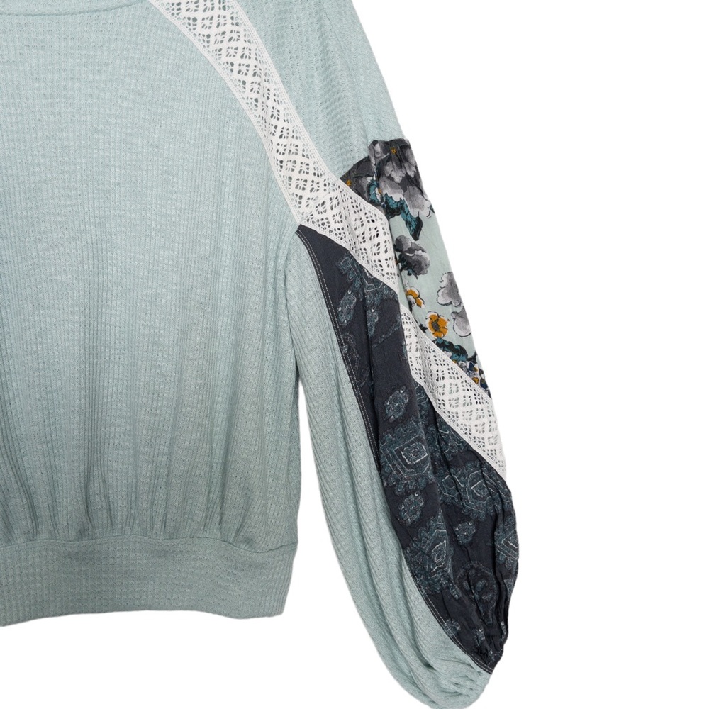 Free People Casual Clash Thermal Knit Tunic Top Mint Green Balloon Sleeve - Picture 6 of 12